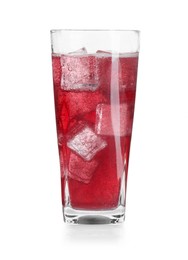 Photo of Sweet soda water with ice cubes in glass isolated on white