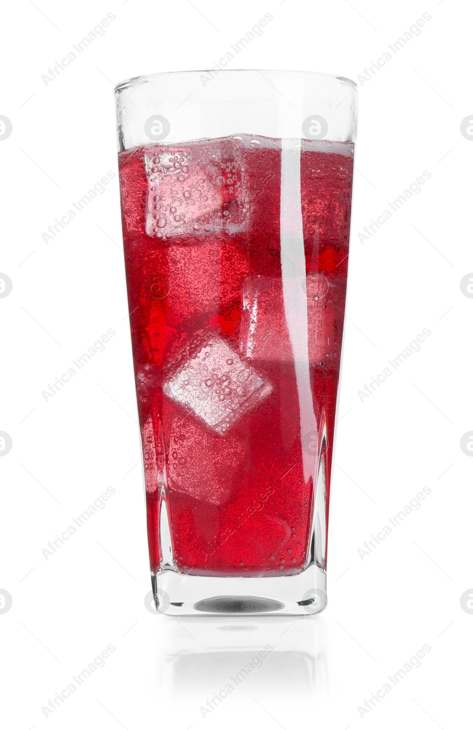 Photo of Sweet soda water with ice cubes in glass isolated on white