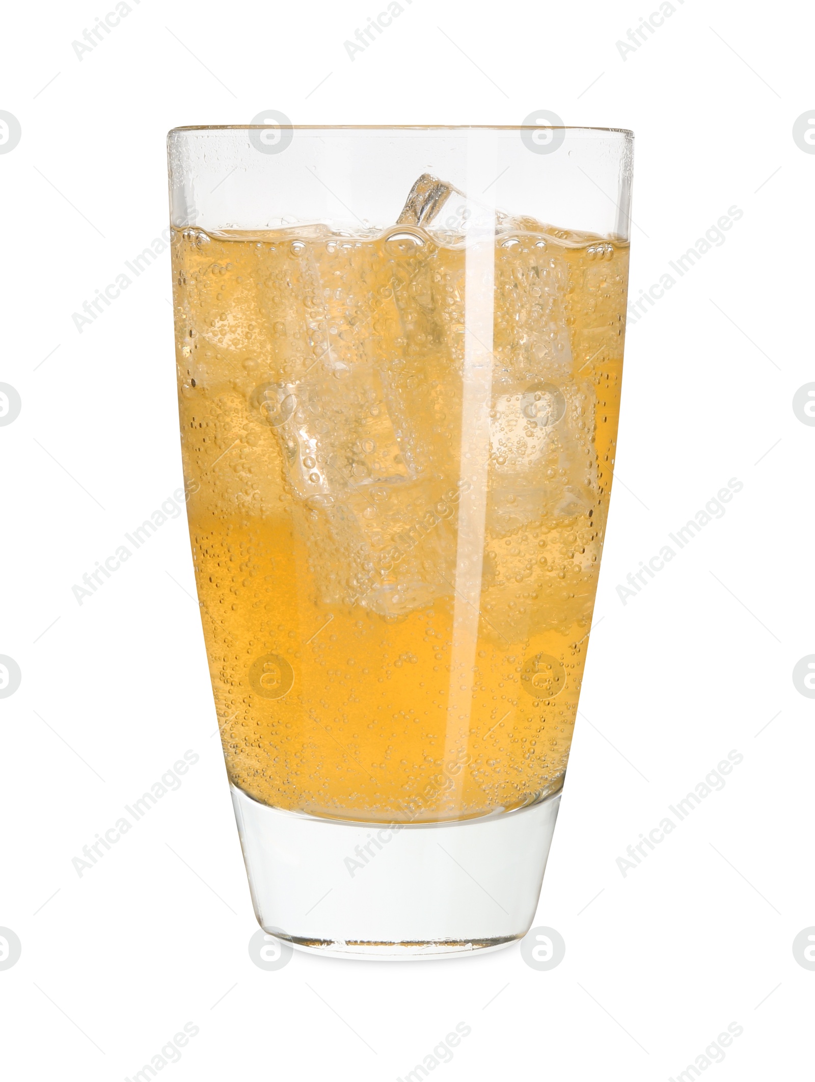 Photo of Sweet soda water with ice cubes in glass isolated on white