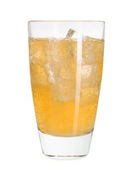 Photo of Sweet soda water with ice cubes in glass isolated on white