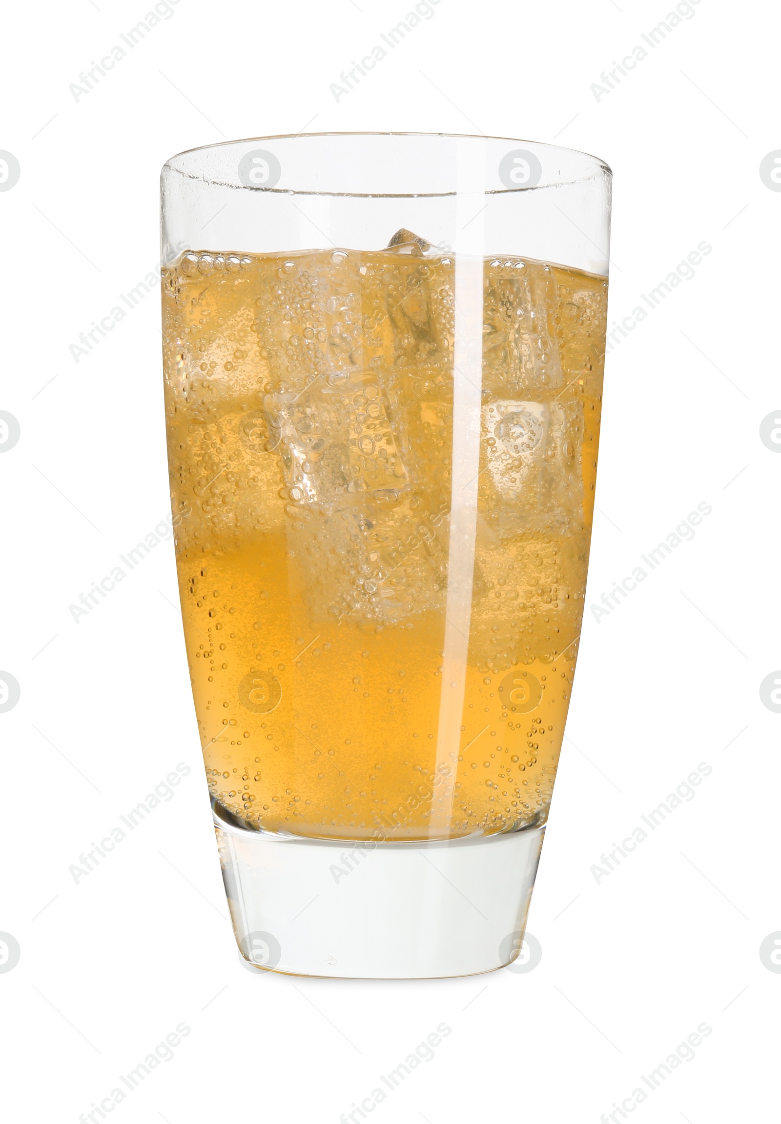 Photo of Sweet soda water with ice cubes in glass isolated on white