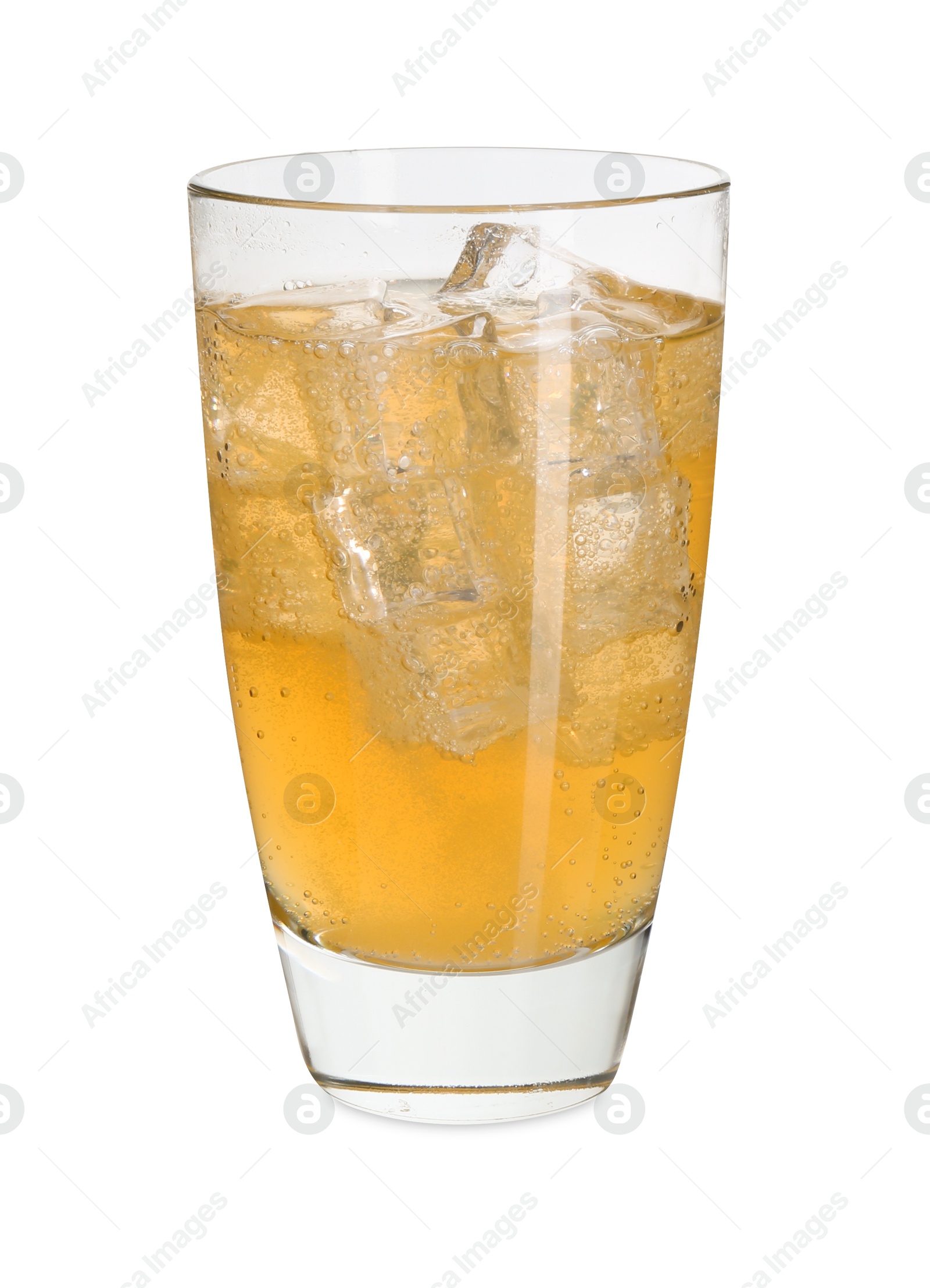 Photo of Sweet soda water with ice cubes in glass isolated on white