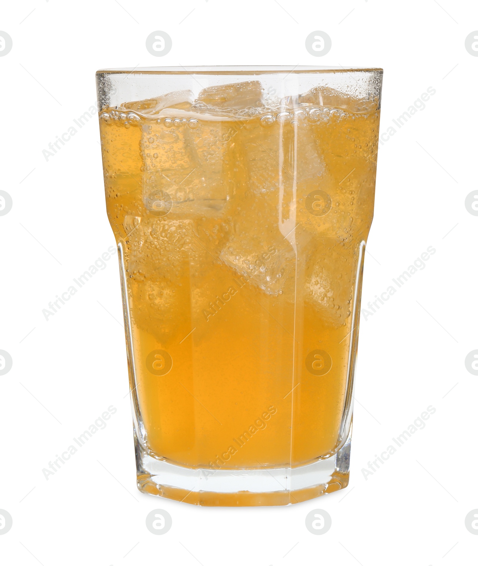 Photo of Sweet soda water with ice cubes in glass isolated on white