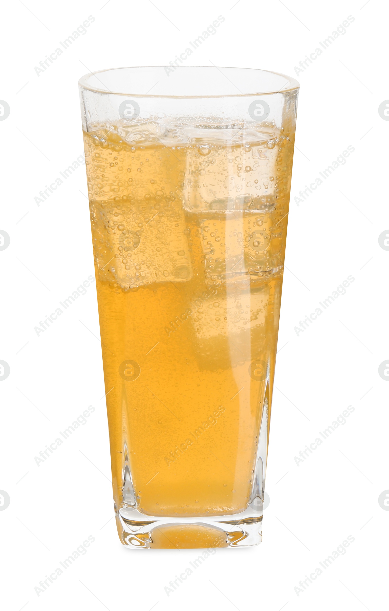 Photo of Sweet soda water with ice cubes in glass isolated on white