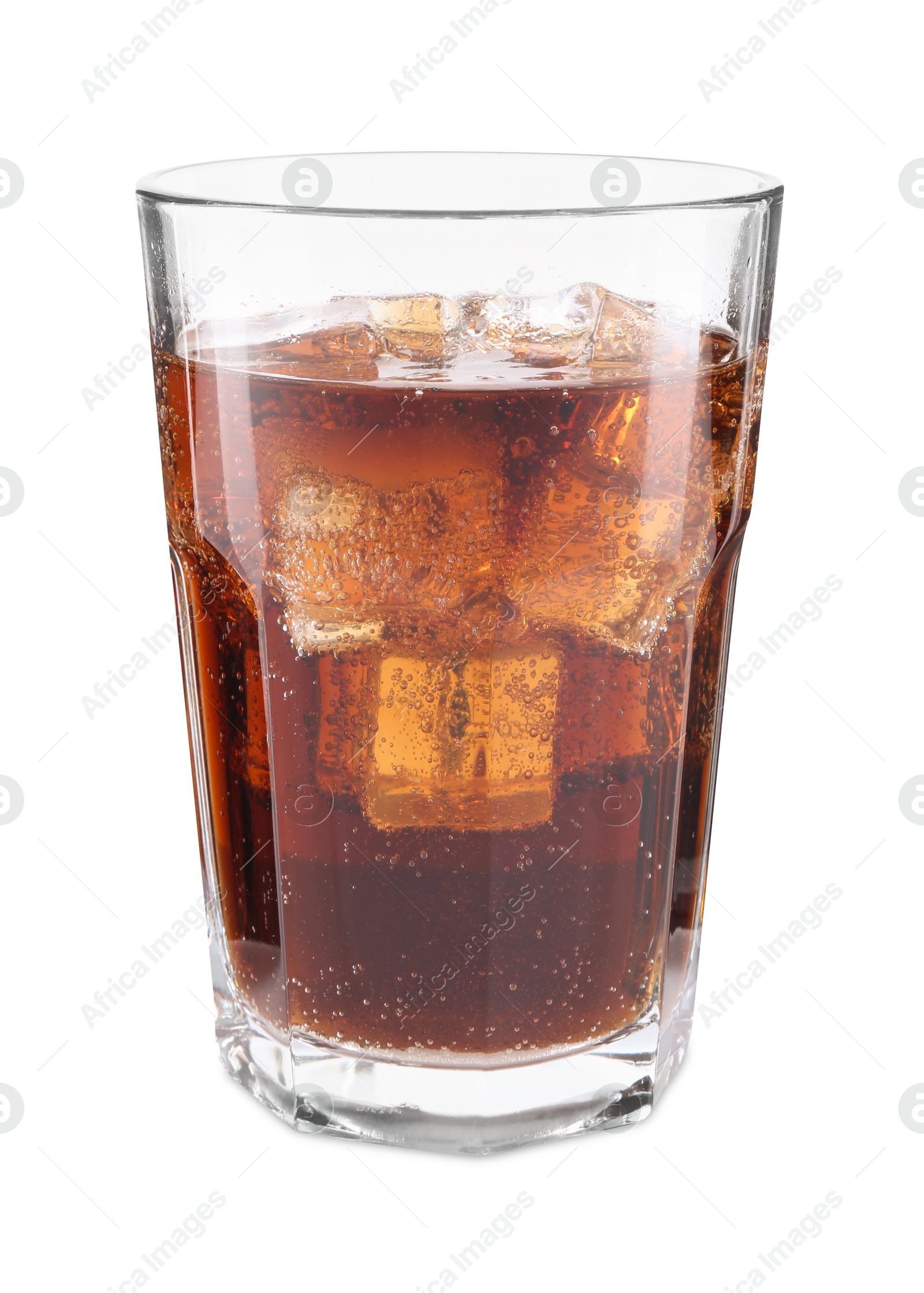 Photo of Sweet soda water with ice cubes in glass isolated on white