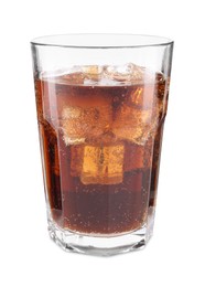 Photo of Sweet soda water with ice cubes in glass isolated on white