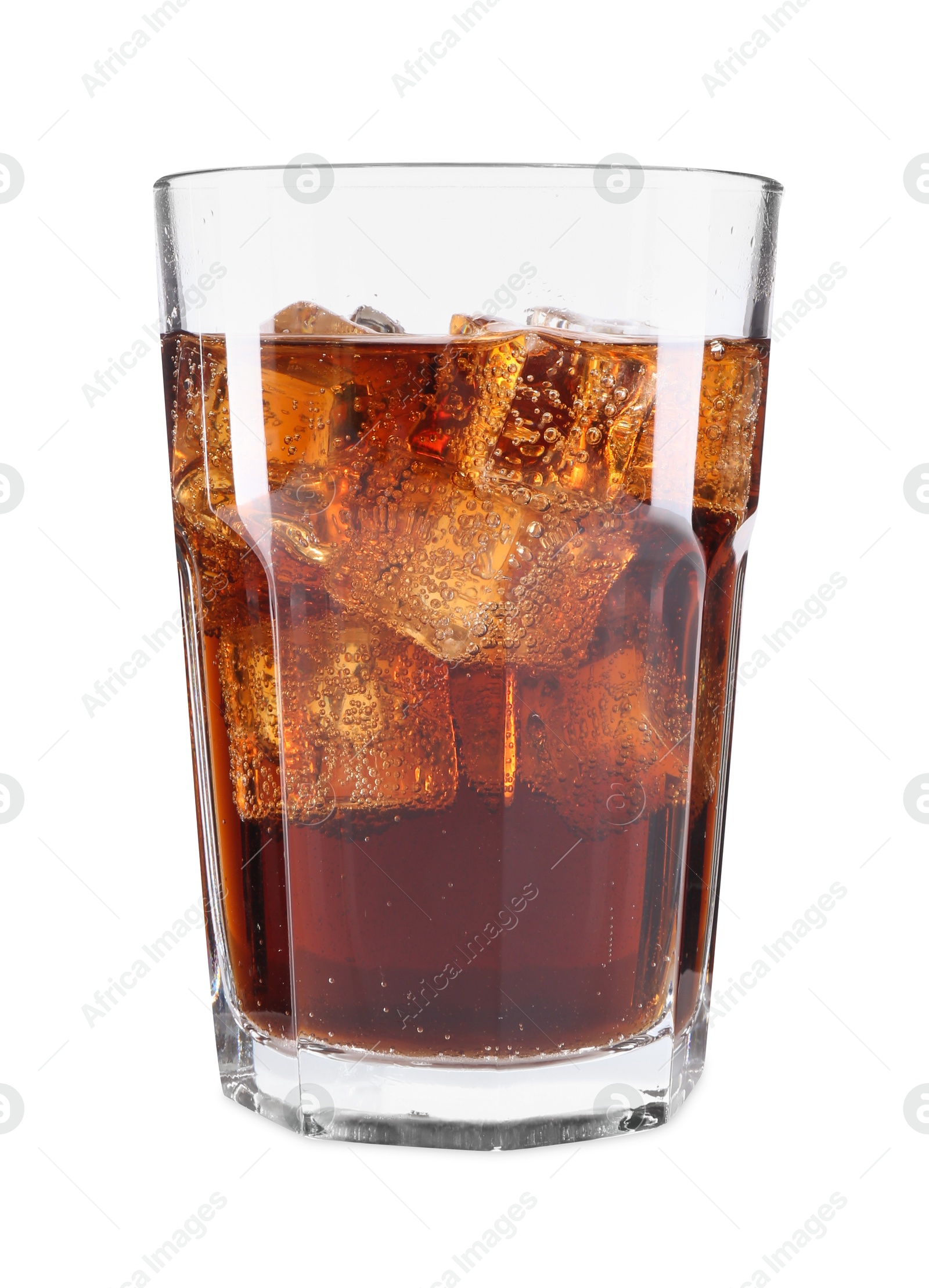 Photo of Sweet soda water with ice cubes in glass isolated on white