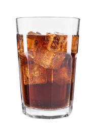 Photo of Sweet soda water with ice cubes in glass isolated on white