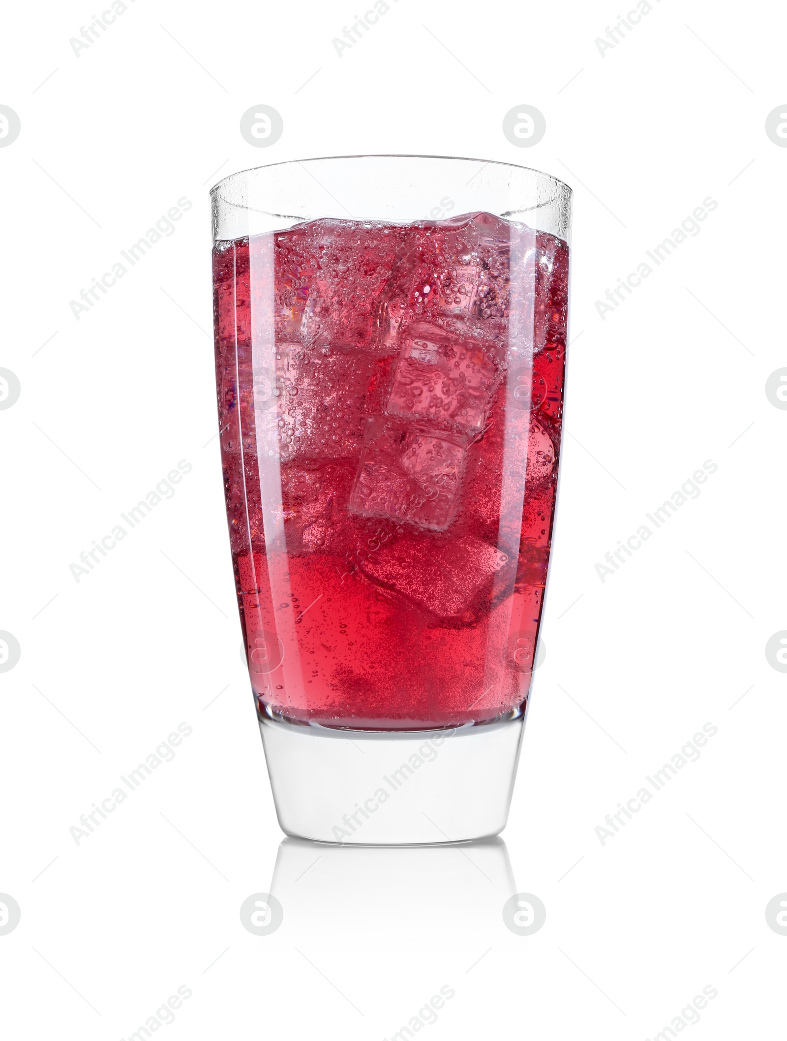 Photo of Sweet soda water with ice cubes in glass isolated on white