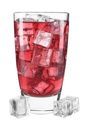 Photo of Sweet soda water in glass and ice cubes isolated on white