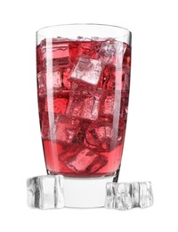 Photo of Sweet soda water in glass and ice cubes isolated on white