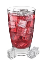 Photo of Sweet soda water in glass and ice cubes isolated on white