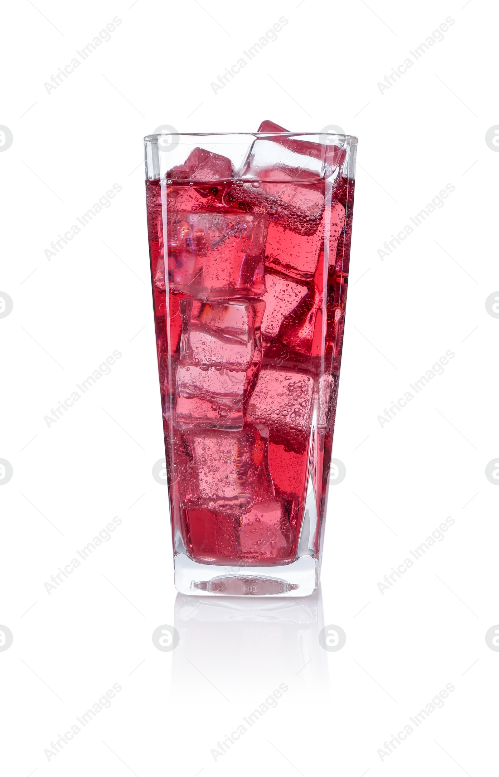 Photo of Sweet soda water with ice cubes in glass isolated on white