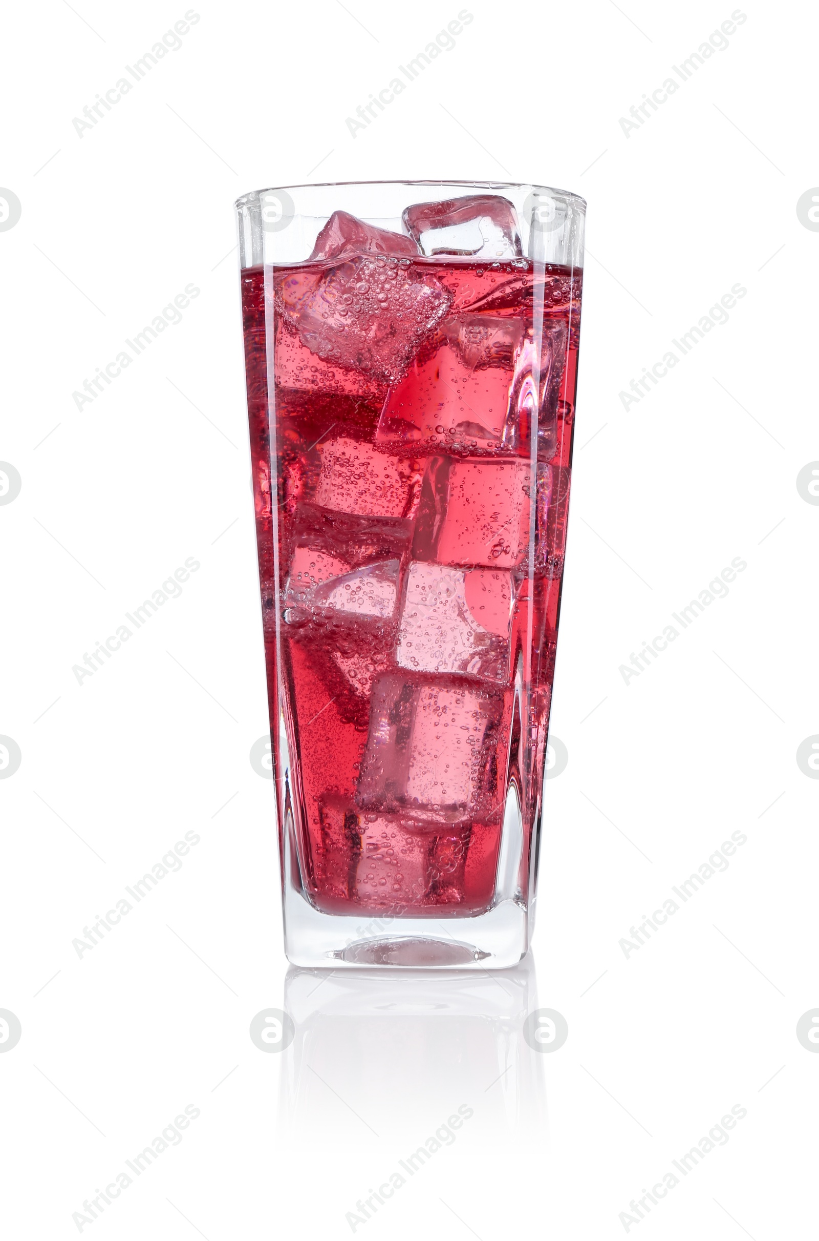 Photo of Sweet soda water with ice cubes in glass isolated on white