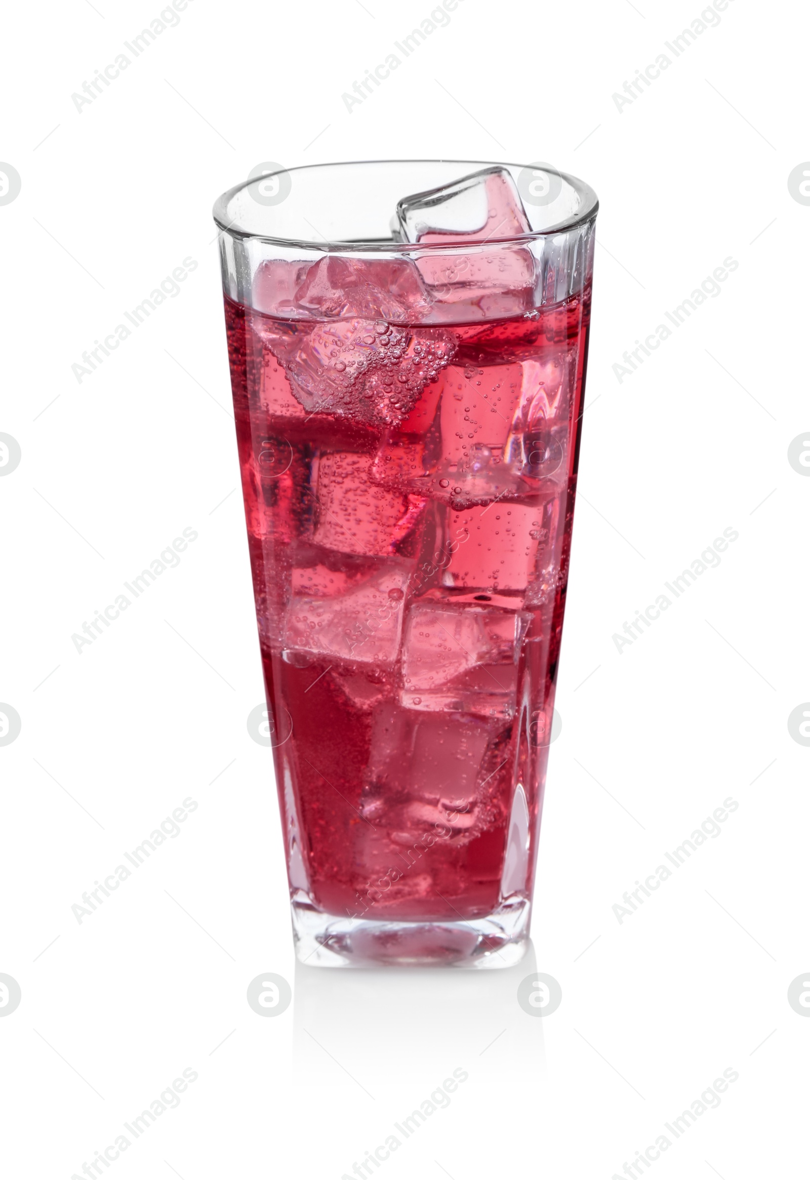 Photo of Sweet soda water with ice cubes in glass isolated on white