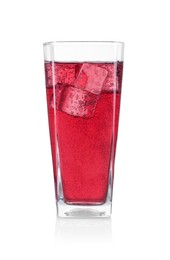 Photo of Sweet soda water with ice cubes in glass isolated on white