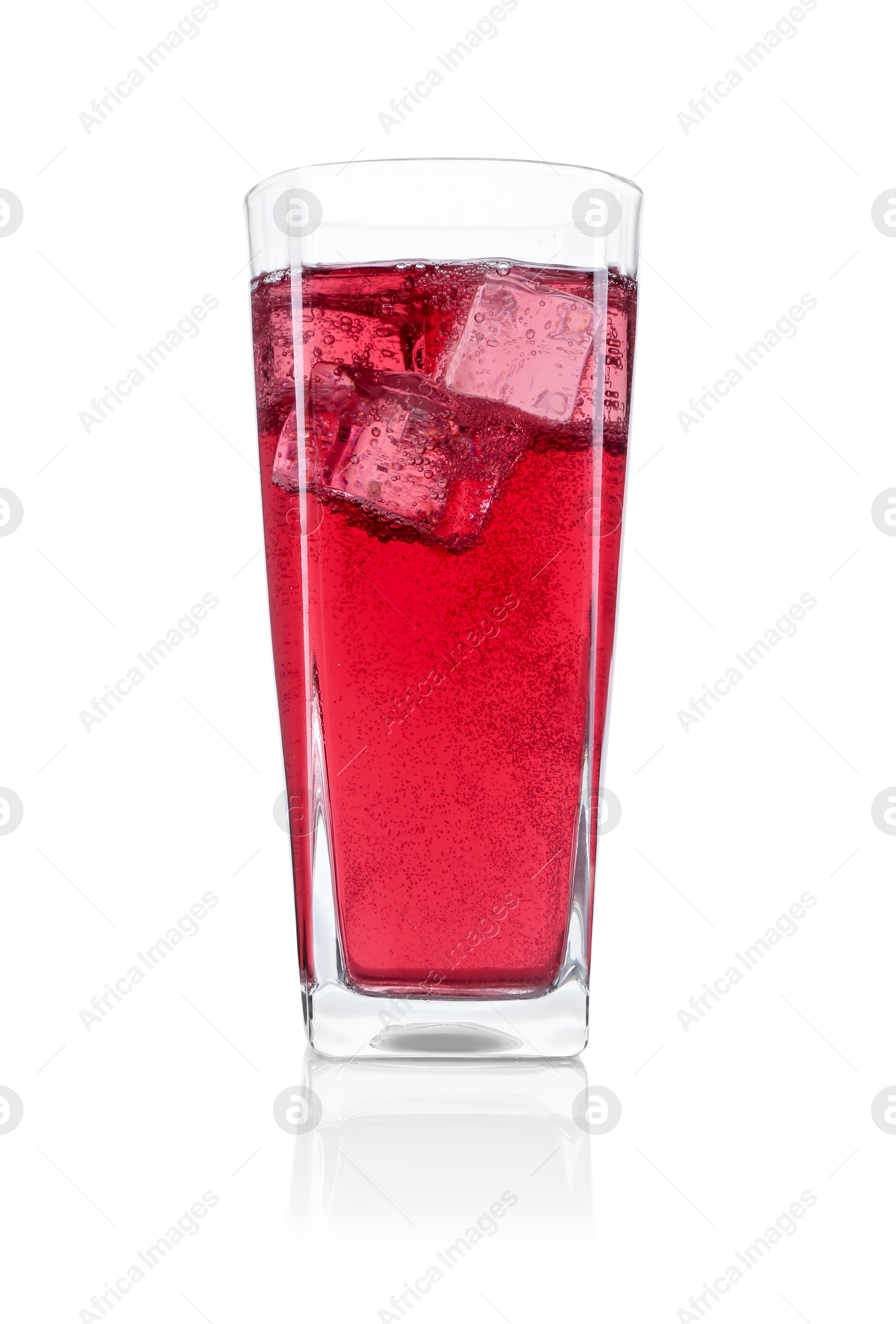 Photo of Sweet soda water with ice cubes in glass isolated on white