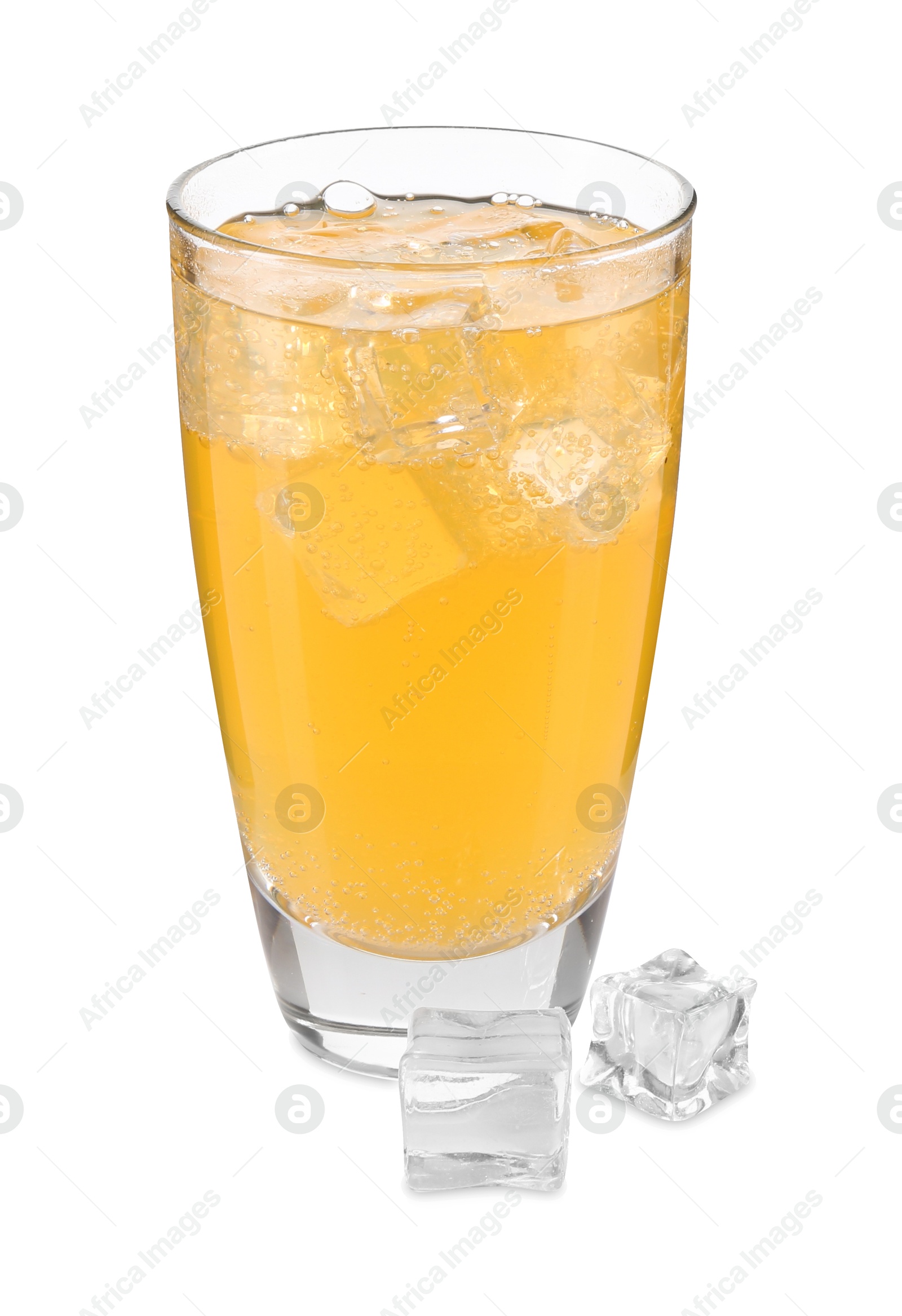 Photo of Sweet soda water in glass and ice cubes isolated on white