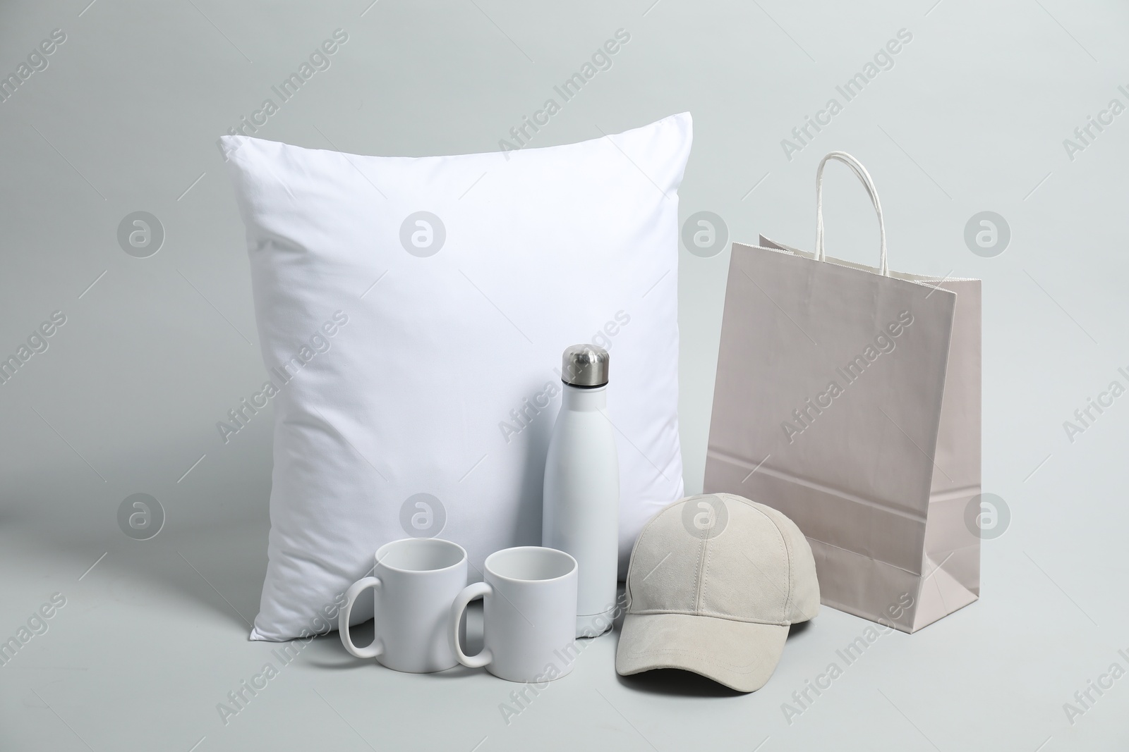 Photo of Different blank items for branding on light grey background. Mockup for design