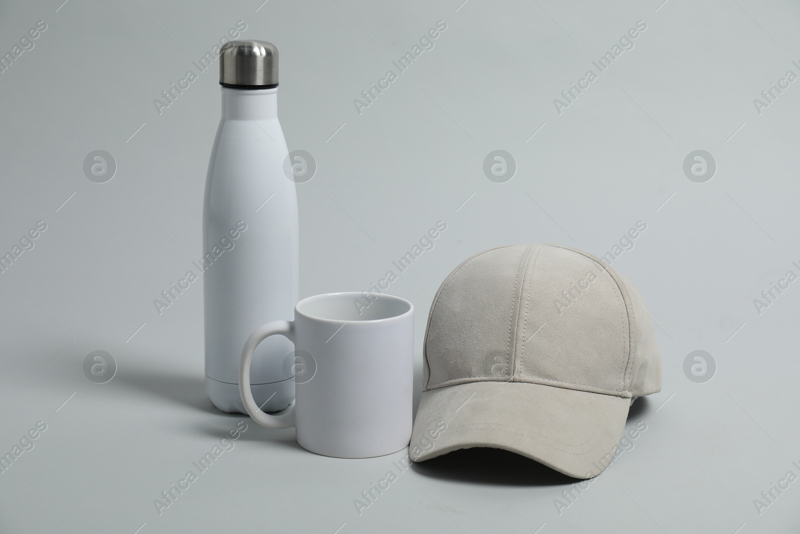 Photo of Different blank items for branding on light grey background. Mockup for design