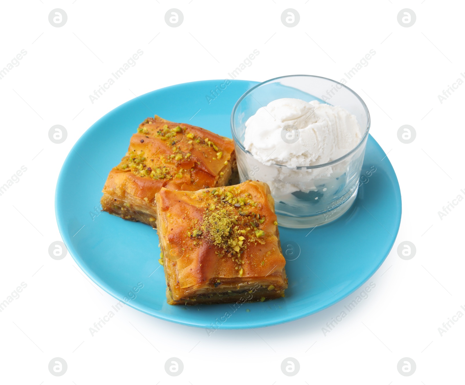 Photo of Tasty baklava with chopped nuts and scoops of ice cream isolated on white