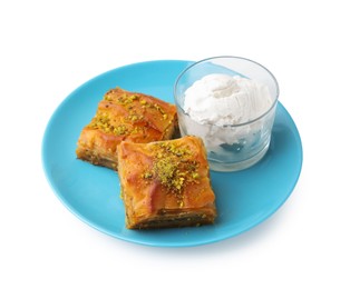 Photo of Tasty baklava with chopped nuts and scoops of ice cream isolated on white