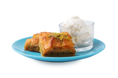 Photo of Tasty baklava with chopped nuts and scoops of ice cream isolated on white