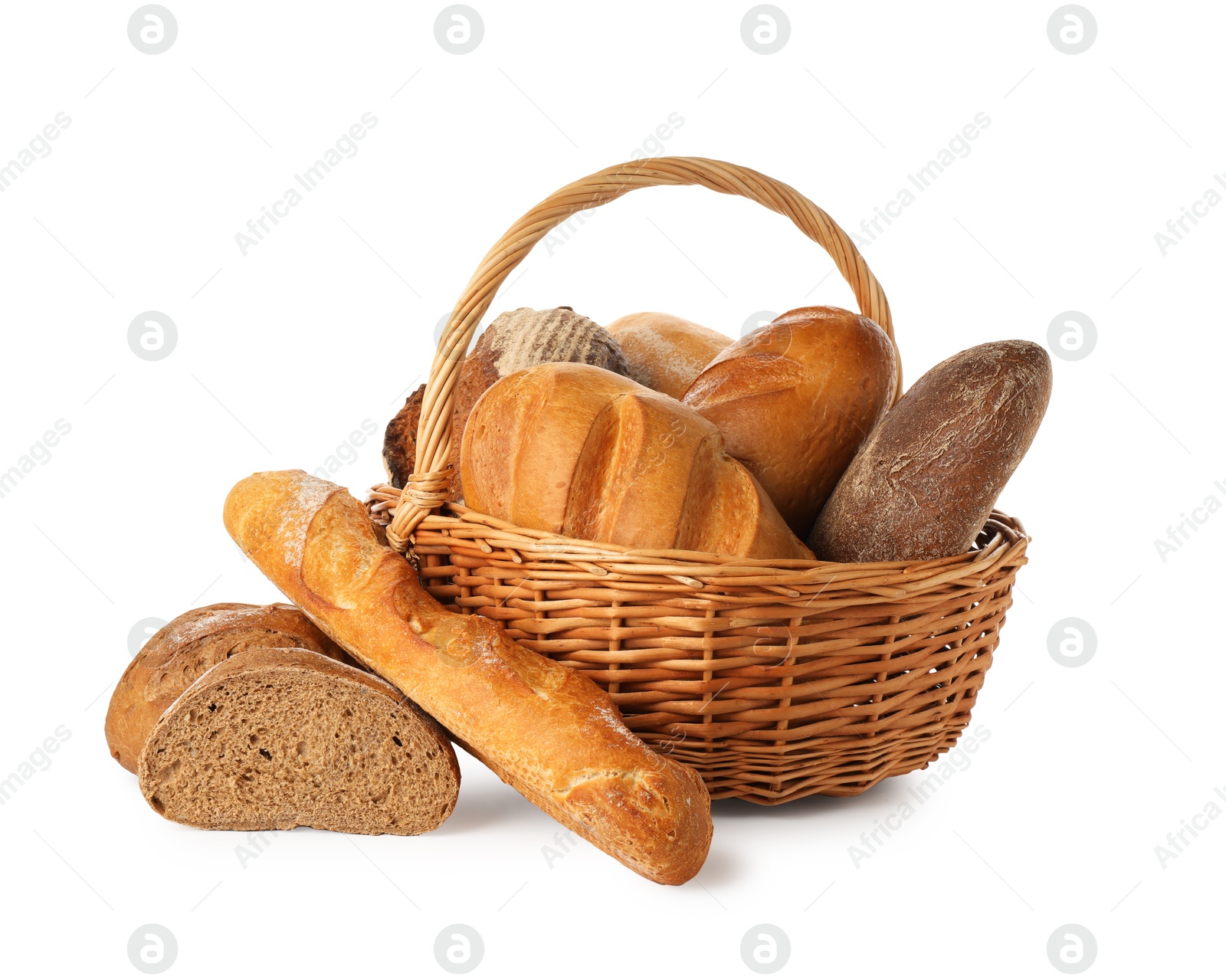 Photo of Different freshly baked bread loafs in wicker basket isolated on white