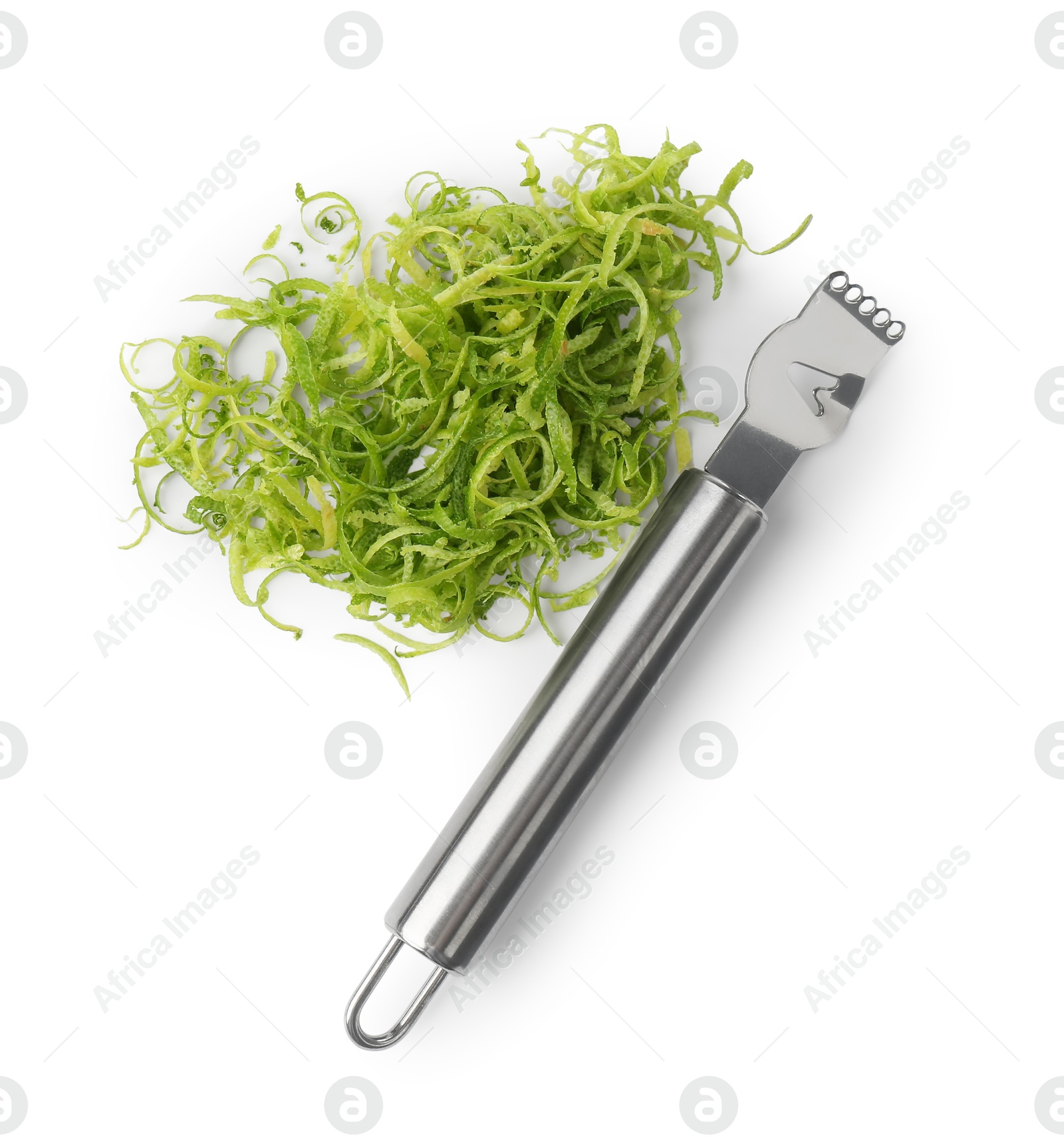 Photo of Lime zest and zester tool isolated on white, top view