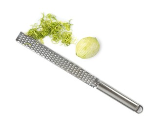 Photo of Lime zest, grater and fresh fruit isolated on white, top view