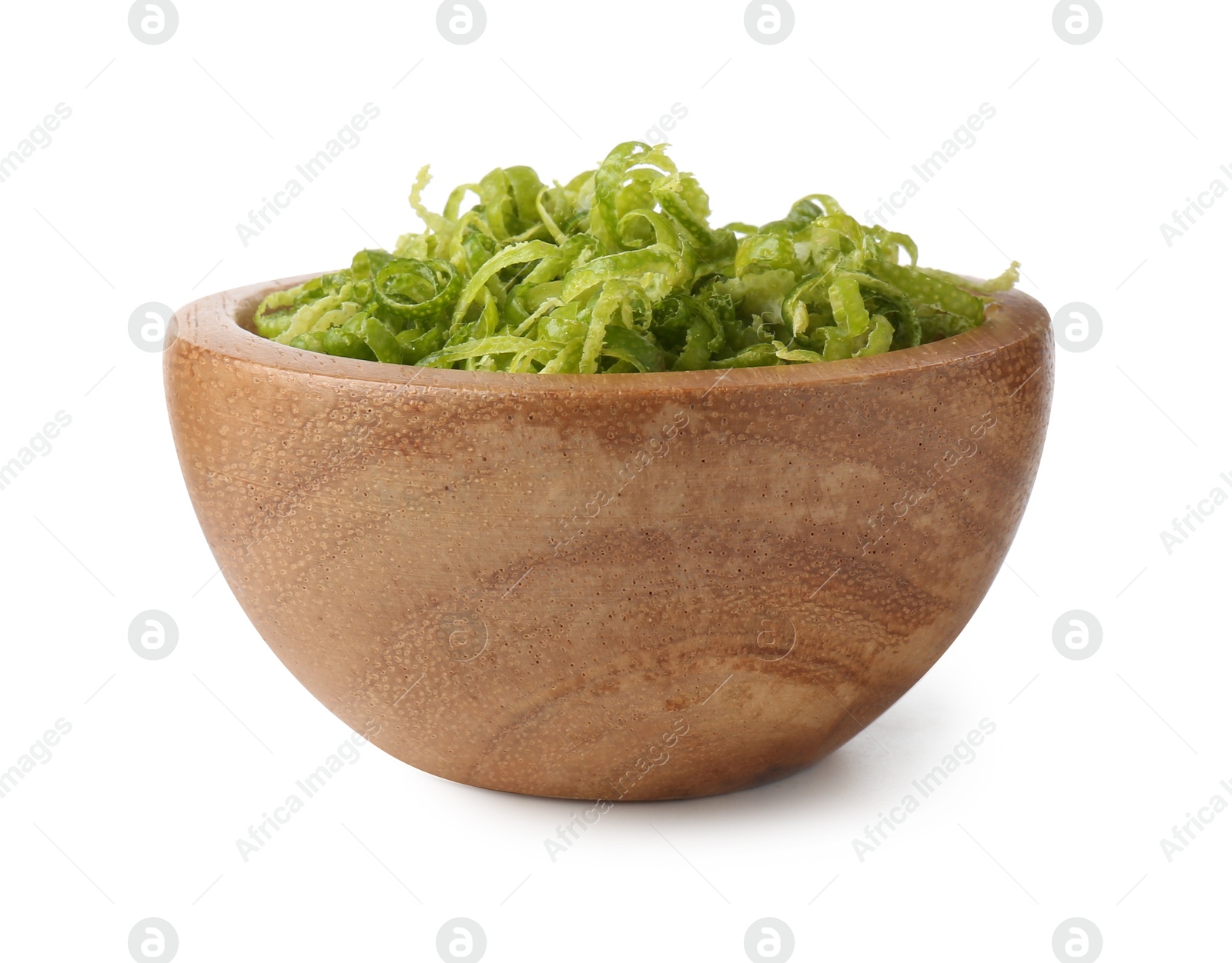 Photo of Fresh lime zest in bowl isolated on white