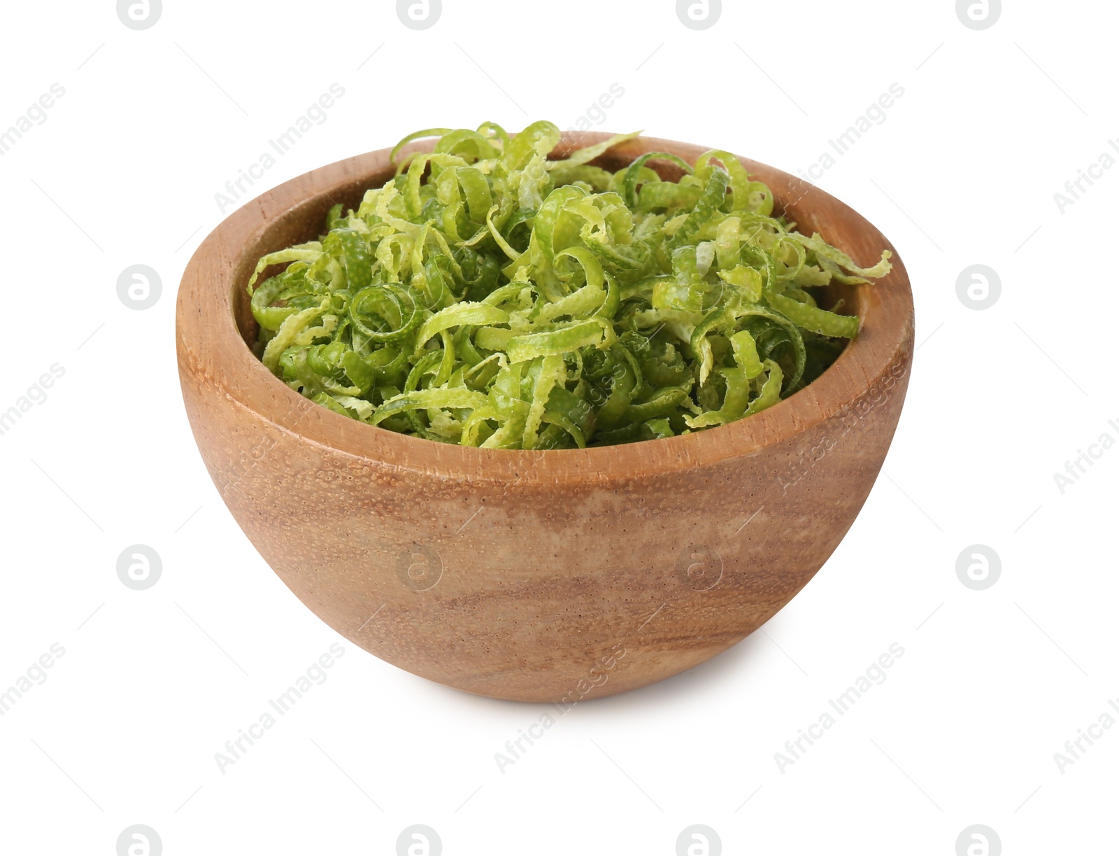 Photo of Fresh lime zest in bowl isolated on white