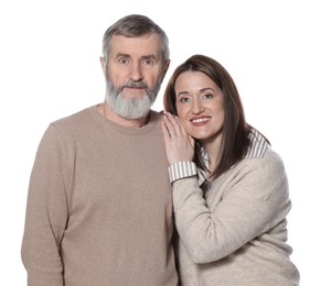 Family portrait of happy daughter and her father on white background