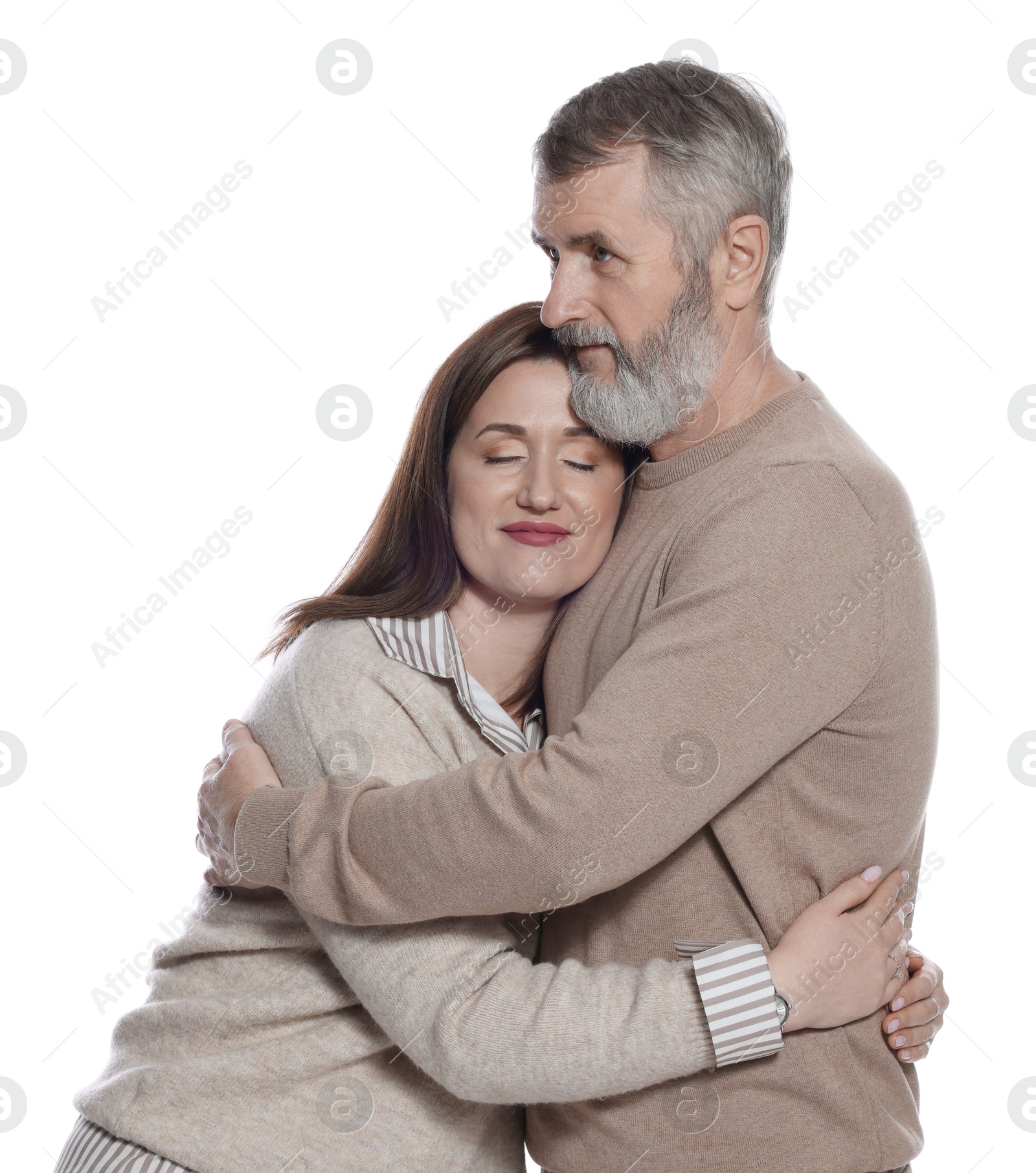 Photo of Father and his daughter hugging on white background