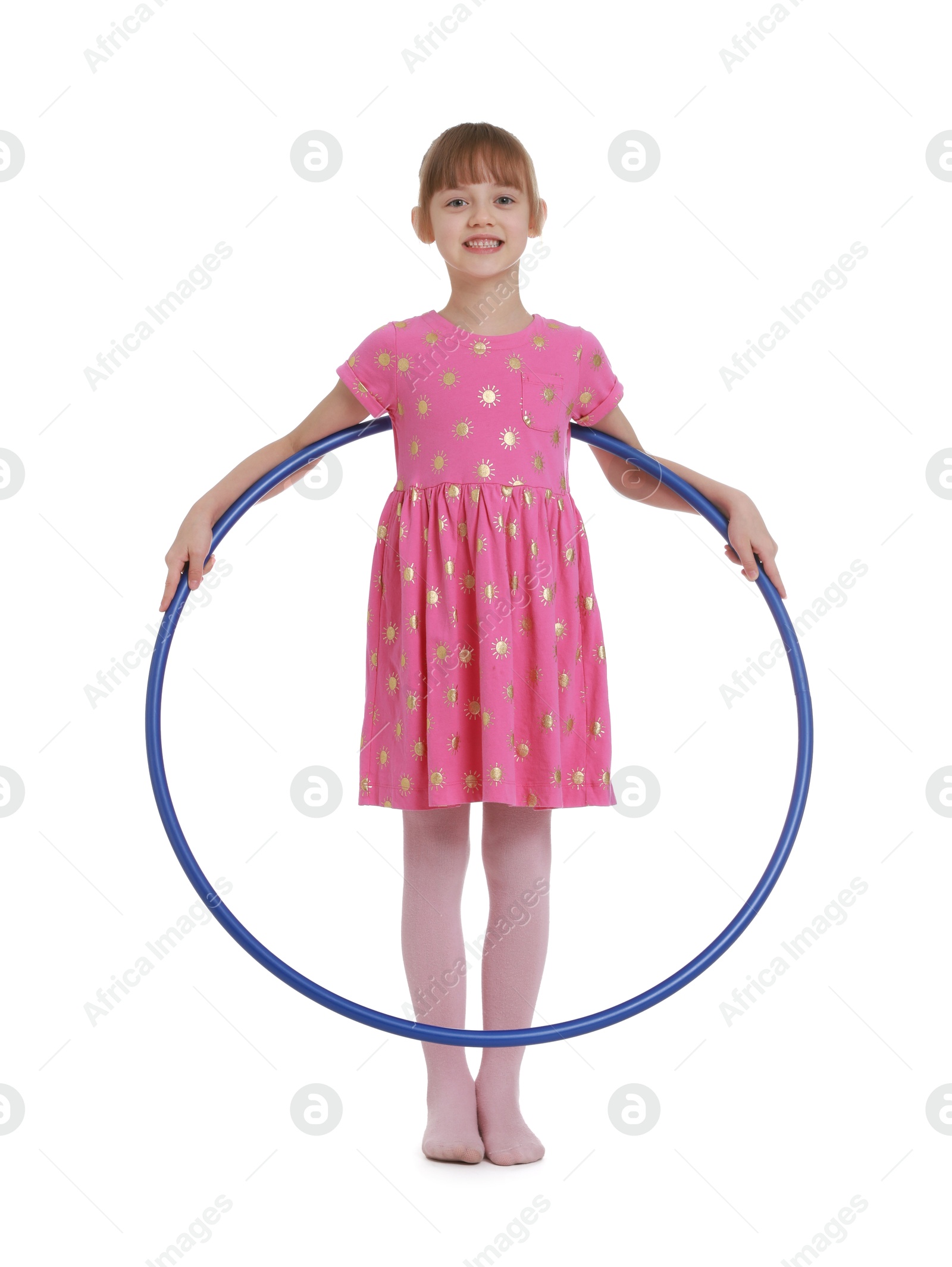 Photo of Cute little girl with hula hoop on white background