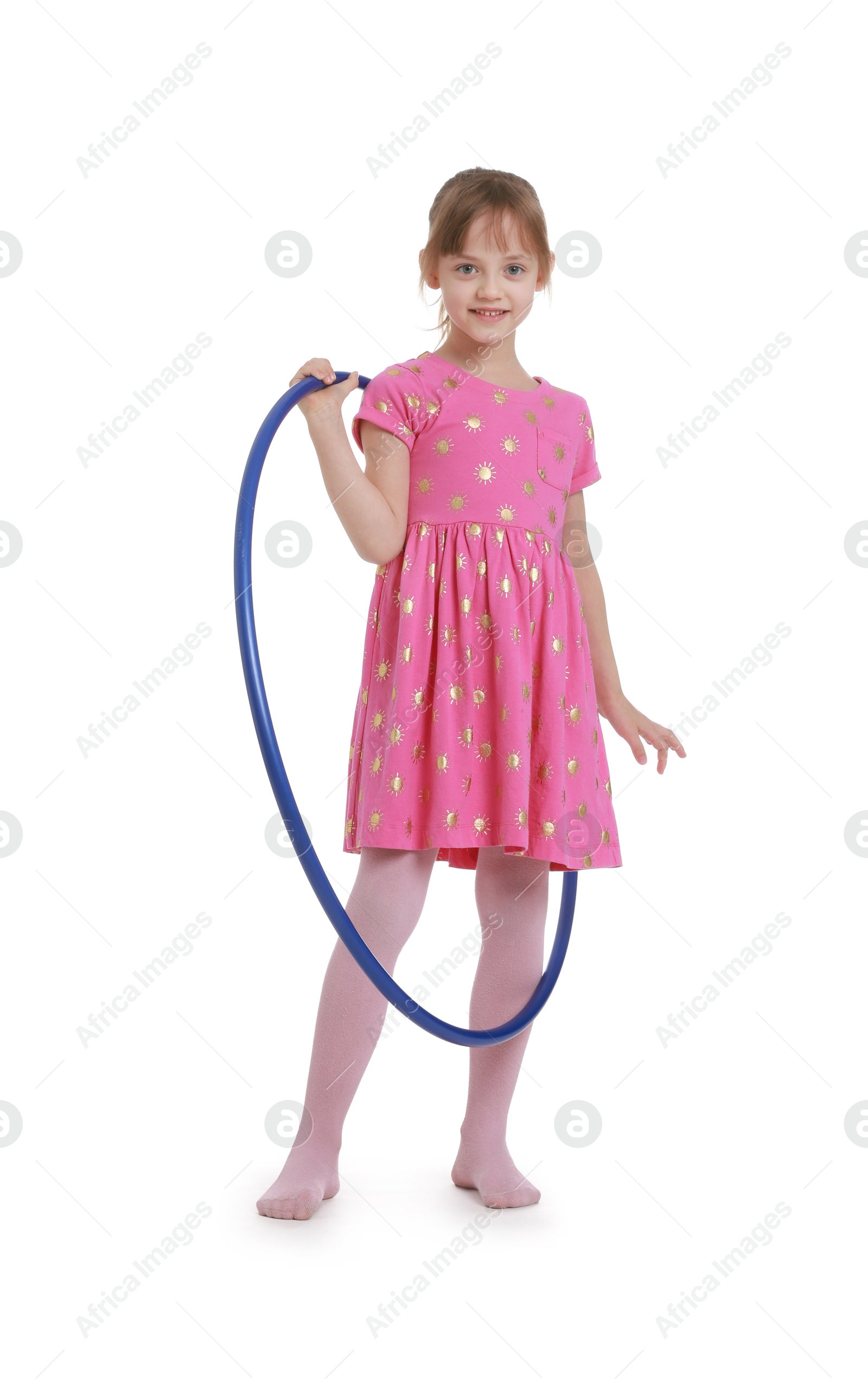 Photo of Cute little girl with hula hoop on white background