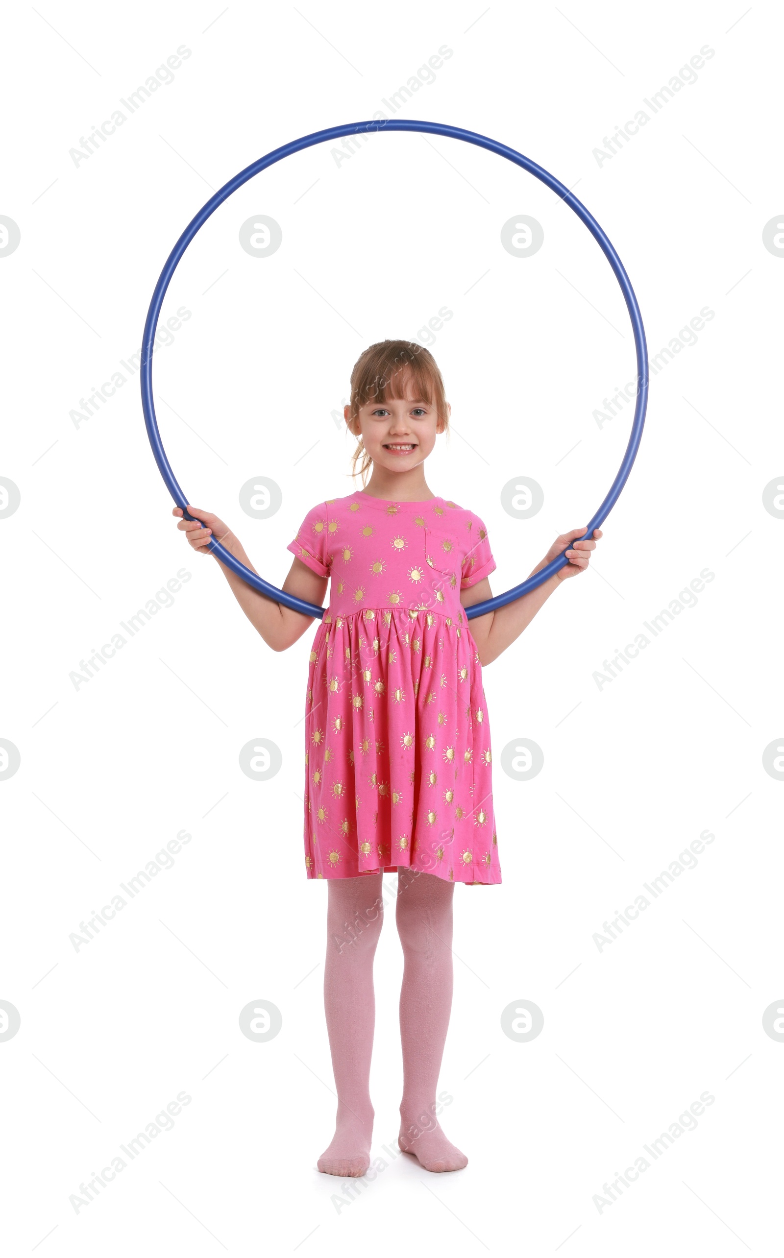 Photo of Cute little girl with hula hoop on white background