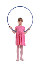 Photo of Cute little girl with hula hoop on white background