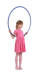 Photo of Cute little girl with hula hoop on white background