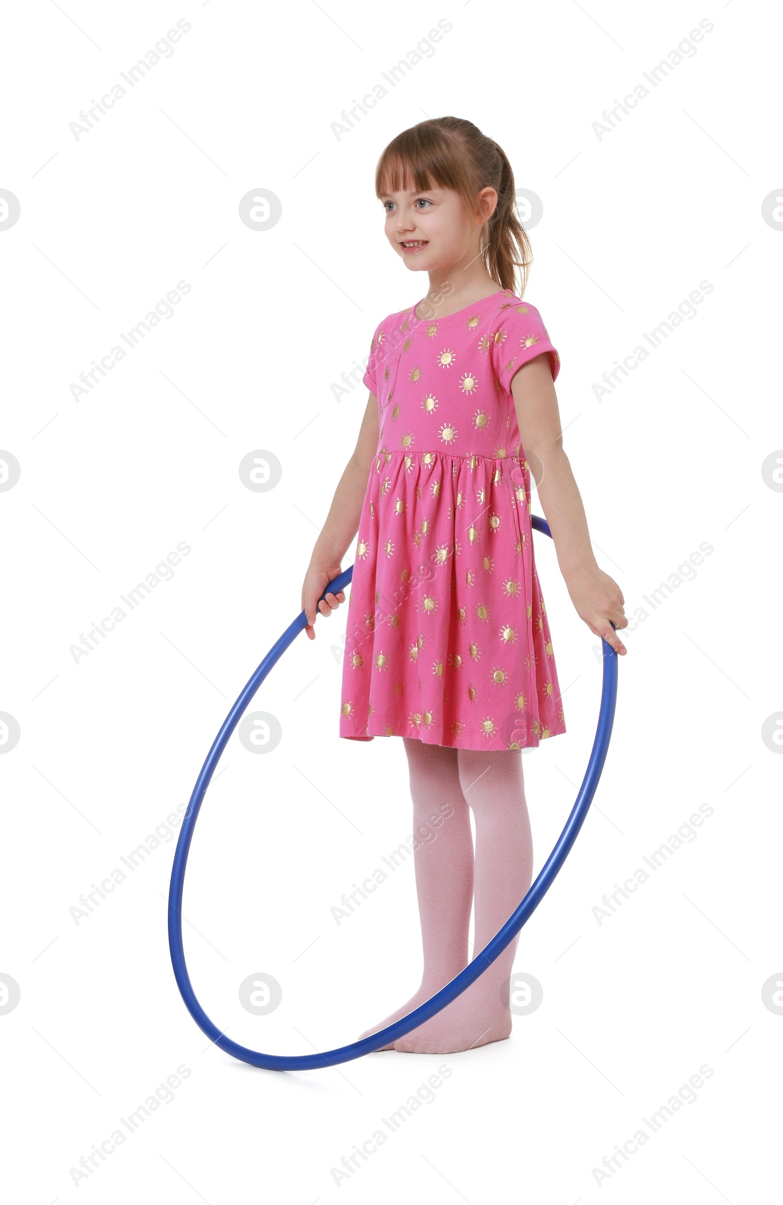 Photo of Cute little girl with hula hoop on white background