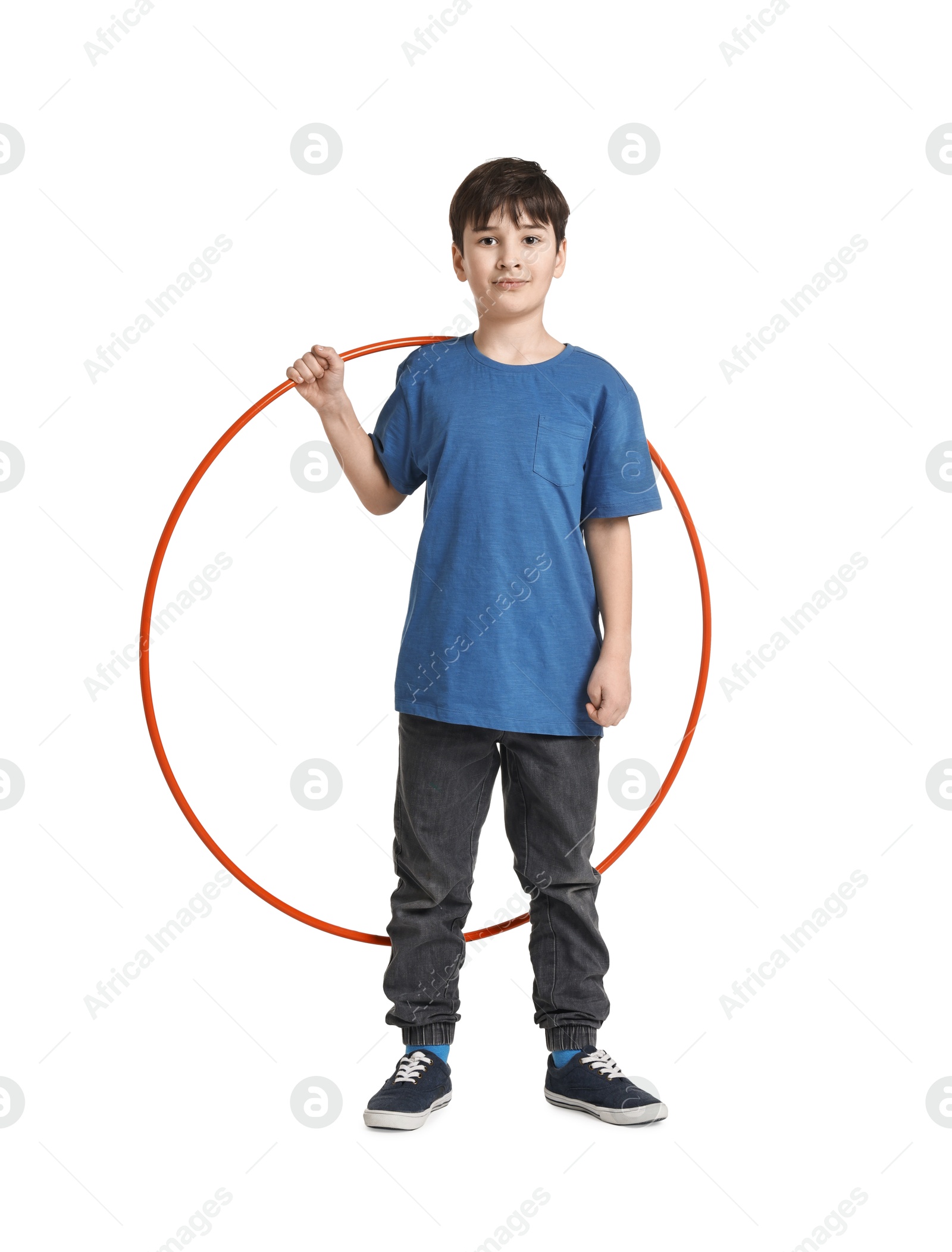 Photo of Boy with hula hoop on white background