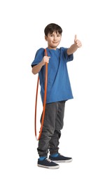 Photo of Boy with hula hoop showing thumbs up on white background