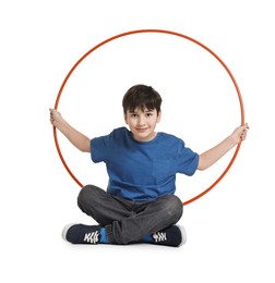 Photo of Boy with hula hoop on white background