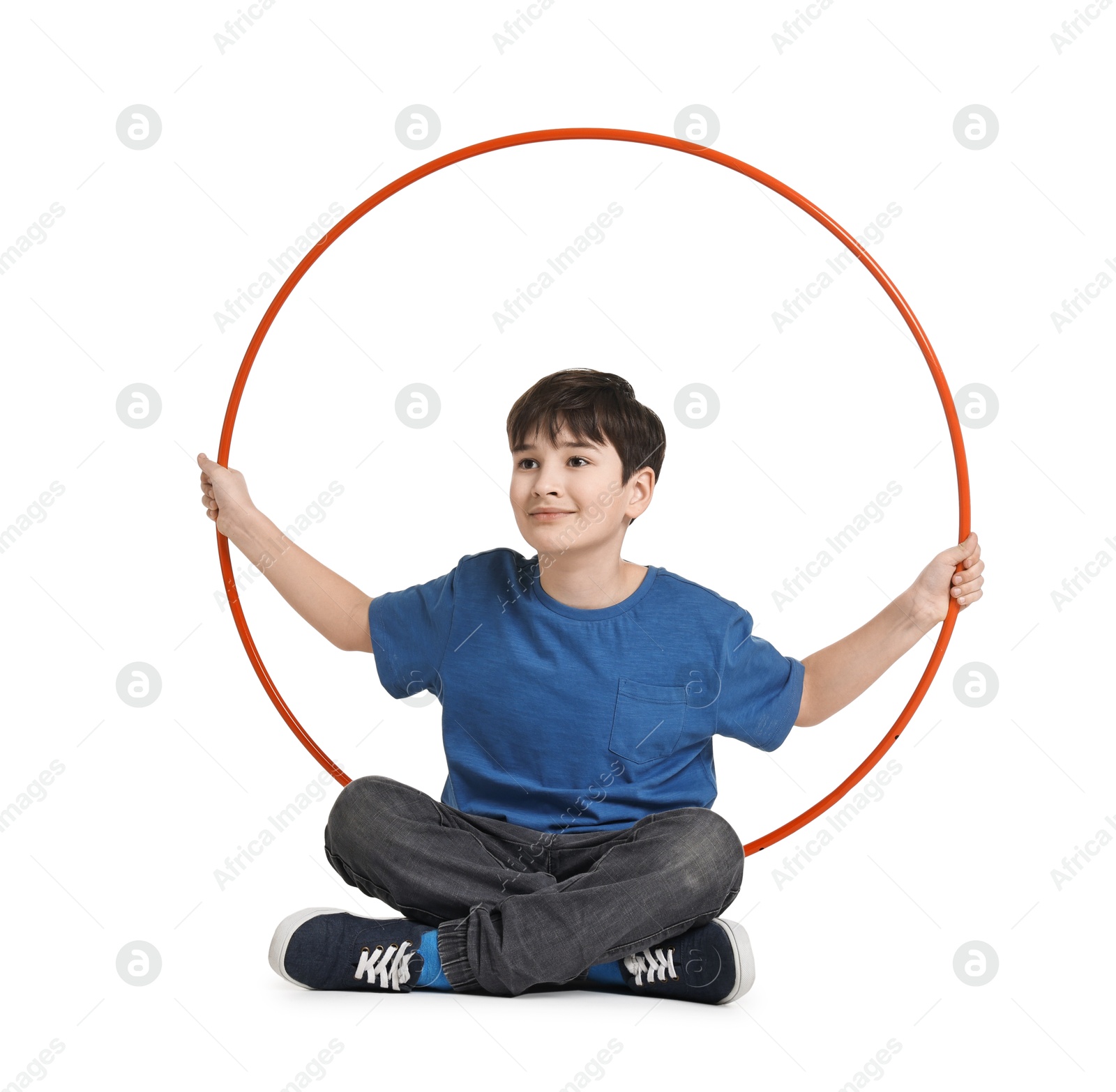 Photo of Boy with hula hoop on white background