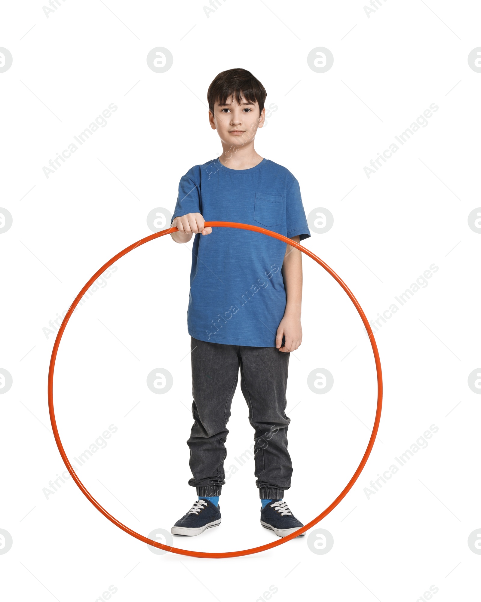 Photo of Boy with hula hoop on white background