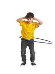 Photo of Boy exercising with hula hoop on white background