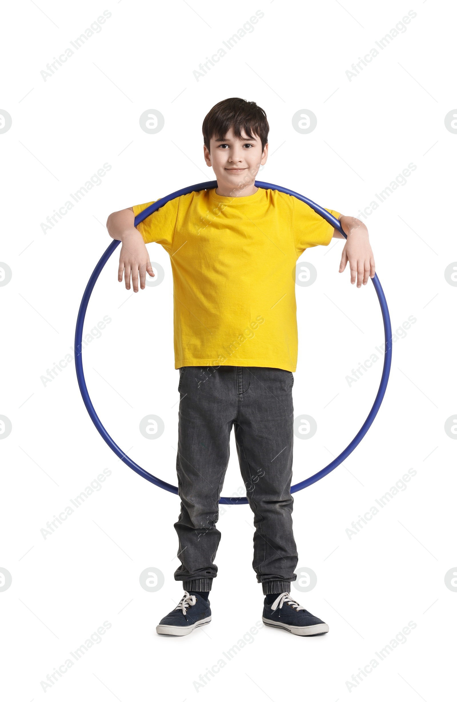 Photo of Boy with hula hoop on white background