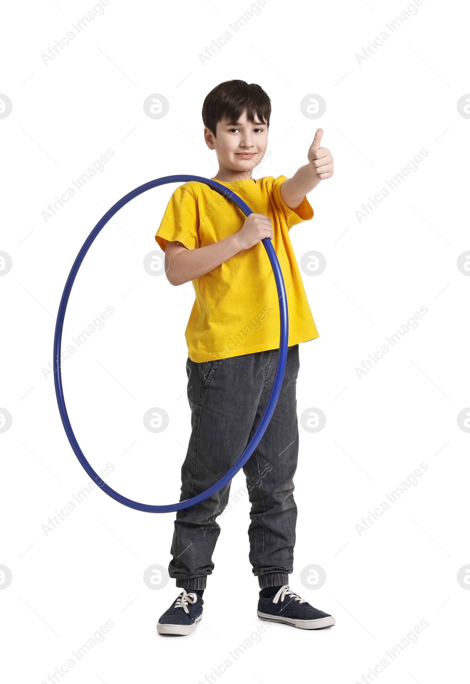 Photo of Boy with hula hoop showing thumbs up on white background