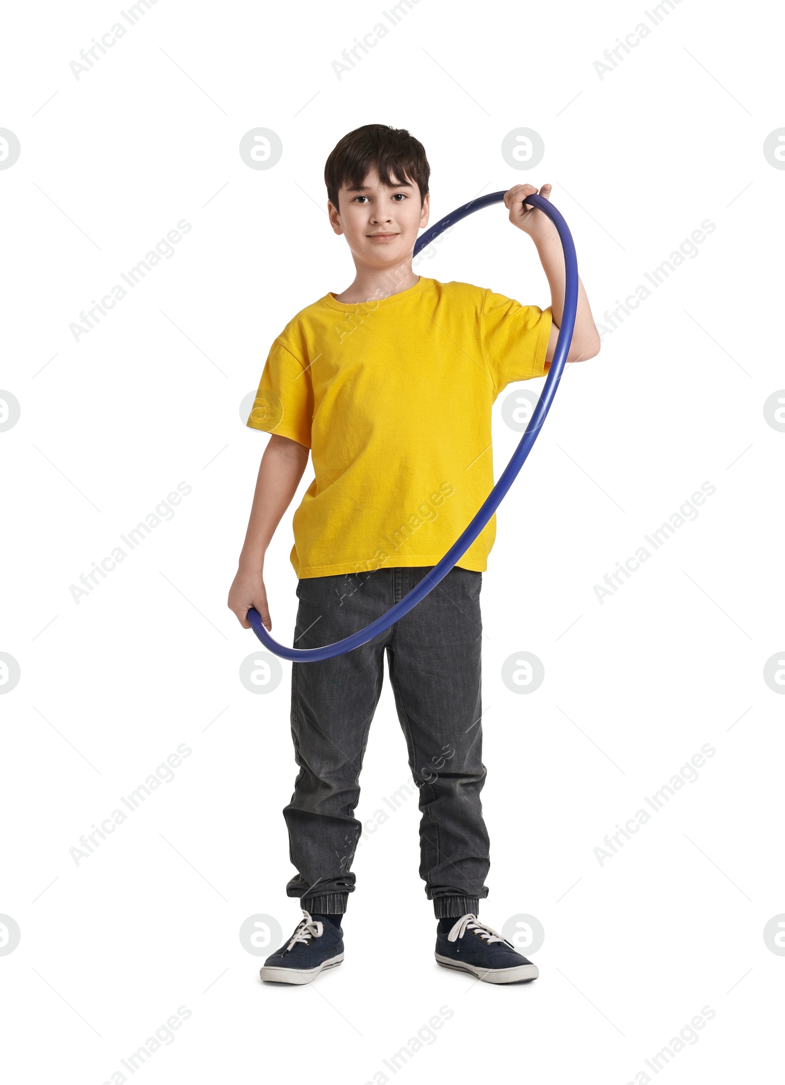 Photo of Boy with hula hoop on white background