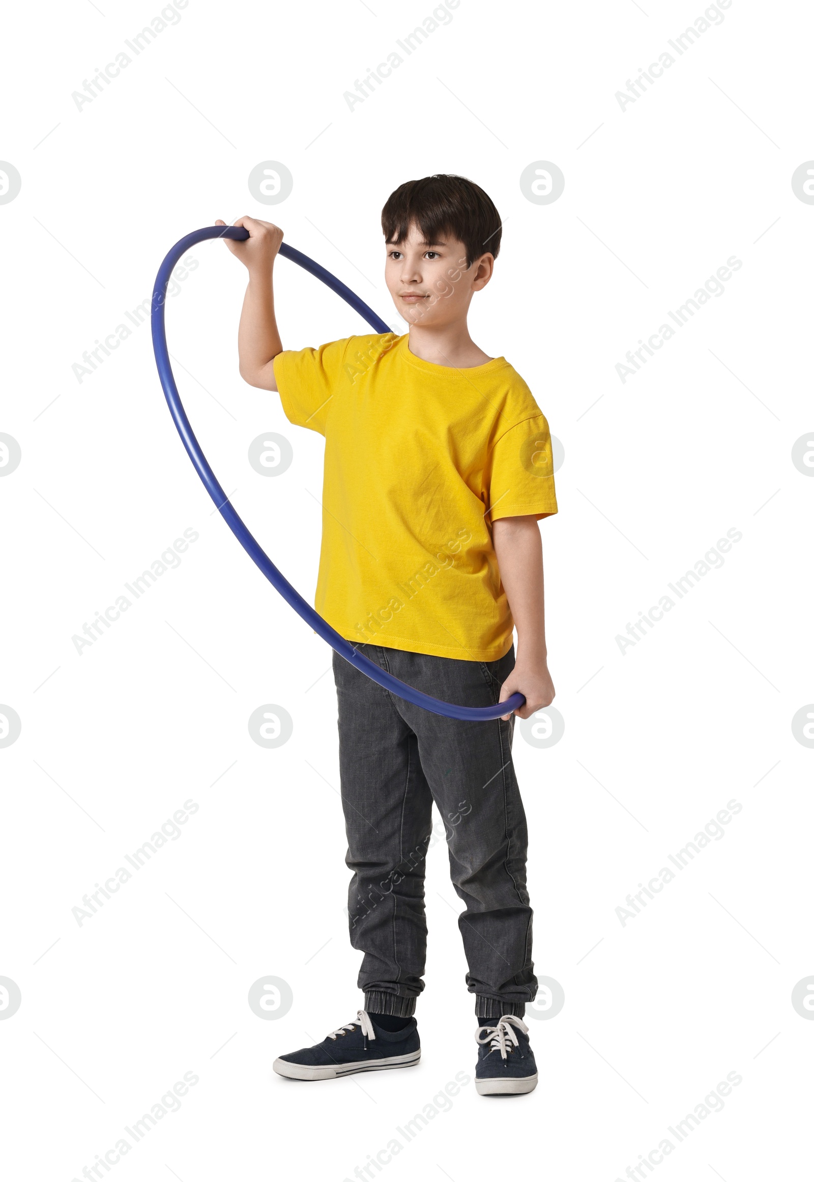 Photo of Boy with hula hoop on white background